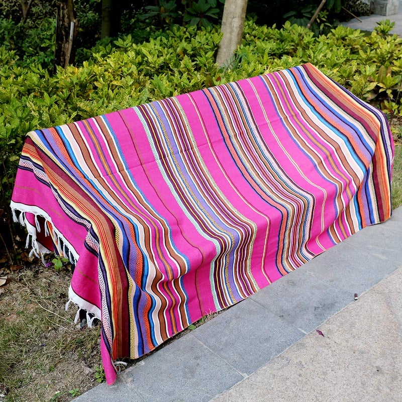 Eccbox Large Mexican Serape Blanket with Assorted Bright Colors - Mexican Tablecloth for Wedding Party Decorations (Jacquard Rose Red) - Image 3